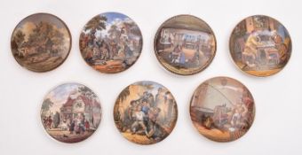 A group of seven Prattware potlids, including ' A pair', ' The Wolf and The Lamb',