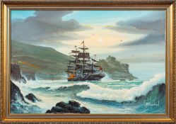 William Henry Stockman (1935-2021) - Tall masted ship in a bay - Oil on canvas - Signed lower right