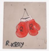 Ronnie Kray (1933-1995) oil on panel of boxing gloves initalled 'R' signed lower left, 4805x43cm.