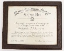 A Metro- Goldwyn-Meyer 20 Year Club induction certificate signed by Arthur M Loew to Frederick C