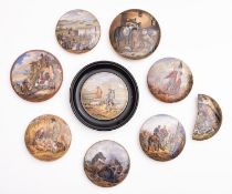 A group of eight Prattware potlids, including 'War', 'Garibaldi',