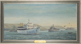 * Geoff Shaw (British, 1924-1992) - 'Falklands 1982, S.S. Canberra arriving at San Carlos'