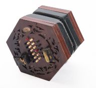 A late Victorian mahogany and leather 24 key Concertina, maker Kieth Prowse & Co, London.