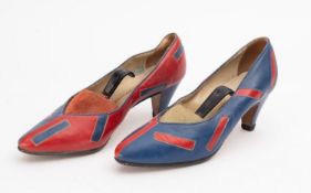 1970s/80s women's red and blue two tone leather heels, Tokio Kumagai - Paris, Made in Italy.