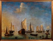 A later hand after the 17th Century Dutch manner - Vessels in calm seas by the shore - Oil on