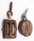 Two small oak double blocks with hooks,
