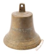 A 12 inch ship's bell 'Norfolk Shore', arched suspension over body with incised text,