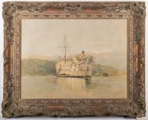 William Gibbons (act 1858-1892) - A moored hulk in a harbour - Oil on canvas - Signed lower