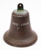 A 12 inch ship's bell 'Broomham' 1962, arched suspension over body with incised text, iron clapper ,