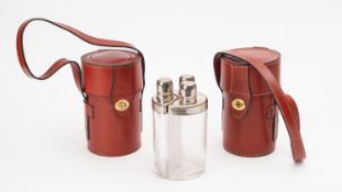 Ray Pavon, Two circular leather cased triple bottle hunting flask sets with silver plated mounts,