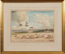 * Robert W Miliken (British, 1920-2014) - Partridge flying over a field at harvest