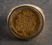 An 1887 Victoria half Sovereign mounted in a 9ct gold ring. Size S 1/2, 12.5g gross.