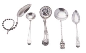 A small group of silver flatware, to include a spoon with a figural terminal, a sifter ladle,