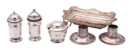 A mixed lot of silver, to include a three-piece condiment set,