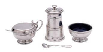 An Elizabeth II three-piece silver condiment set, circular form, with raised borders,