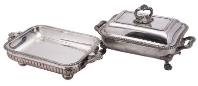 A silver plated entrée dish & cover, rounded rectangular outline, with a gadroon border,