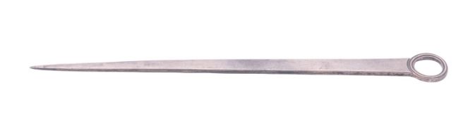 A George III silver meat skewer, with a tapering blade and a reeded ring handle, by William Eley,