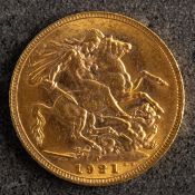 A 1921 George V Sovereign in fitted case.