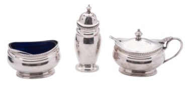 An Edward VIII cased three-piece silver condiment set, with ovolu borders and blue glass liners,