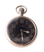 Rolex, a British Military open faced pocket watch the round black dial with Arabic numerals,