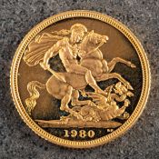 A 1980 Elizabeth II proof Sovereign in original fitted case.