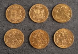 A group of Six half Sovereign coins in an associated case