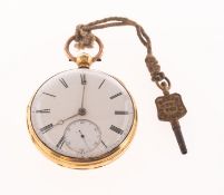 An 18k gold open-faced pocket watch, the white enamel dial having black Roman numerals,
