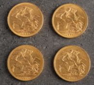 A cased group of four Victorian Sovereigns. Comprising 1873, 1876, 1884 and 1886.