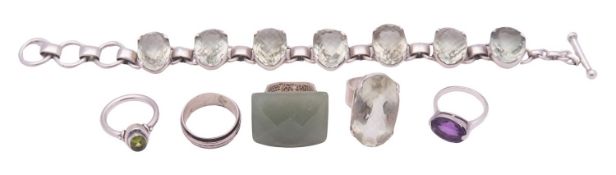 Silver gem-set jewellery, to include a peridot ring, an amethyst ring,