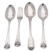 18th century continental flatware, two tablespoons and a table fork,