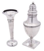 A George III silver sugar caster, vase-shaped, with reeded borders and on a square pedestal foot,