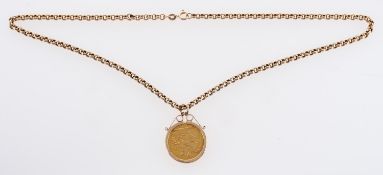 Mounted sovereign on 9ct chain, gross weight 17.23 grams