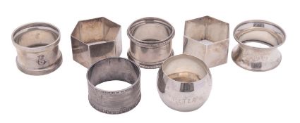 Seven silver napkin rings, two initialled and one inscribed, mixed makers & dates,