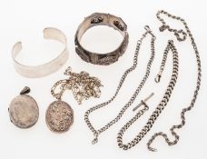 A selection of silver jewellery to include two hallmarked fob chains,