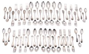 A 19th century twelve-place canteen of silver flatware, Fiddle, Thread & Shell pattern,