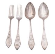Two 20th century Danish silver tablespoons & two matching table forks, with bright-cut engraving,