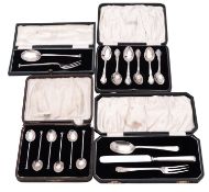 Four cased sets of silver flatware & cutlery, to include a set of six teaspoons,