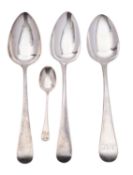 Three George III silver tablespoons, Old English pattern (two initialled),