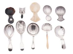 Seven silver caddy spoons, in various styles, mixed makers & dates, mostly George III,