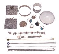 A mixed lot of silver jewellery etcetera, to include three necklaces, two bracelets, four rings,