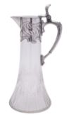 An Art-Nouveau W.M.F. silver plated mounted clear cut-glass claret jug