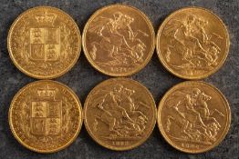 A Cased group of six Victorian Sovereigns. Comprising 1849, 1871, 1876, 1879, 1883 and 1892.