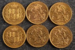 A Cased group of six Victorian Sovereigns. Comprising 1849, 1871, 1876, 1879, 1883 and 1892.