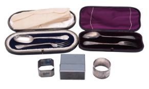 Two cased silver christening sets, a Victorian cased fork & spoon, Hanoverian pattern, by Martin,