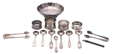 A mixed lot of various silver, to include a bonbon dish, four napkin rings, six salt spoons,