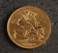 An 1884 Victoria Sovereign coin.