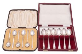 Two cased sets of silver tea/ coffee spoons, one set in Hanoverian pattern, by Francis Howard Ltd,