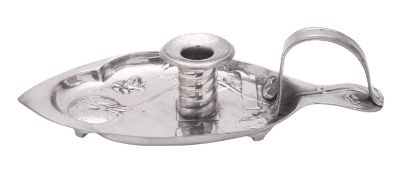 A German Kaiserzin pewter chamberstick, shaped oval outline,