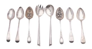 A pair of Edwardian silver salad servers, with tapering stems, by Henry Bourne, Birmingham 1902,