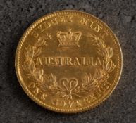 An 1870 Victoria Sydney Mint Australia One Sovereign coin.
